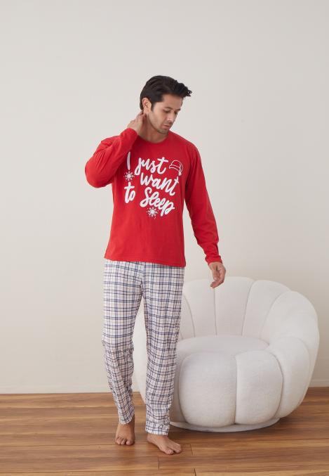 Pijama barbati Craciun , maneca lunga ,pantaloni lungi,Culoare Rosu ,Engros